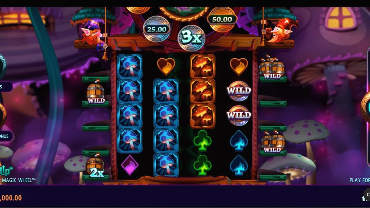 Tampilan visual slot Fire Gnomes 2 Magic Wheel dengan tema jamur dan gnome